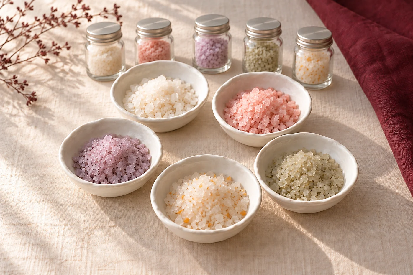 Illustration of five colours of salt arranged in ceramic bowls and glass jars