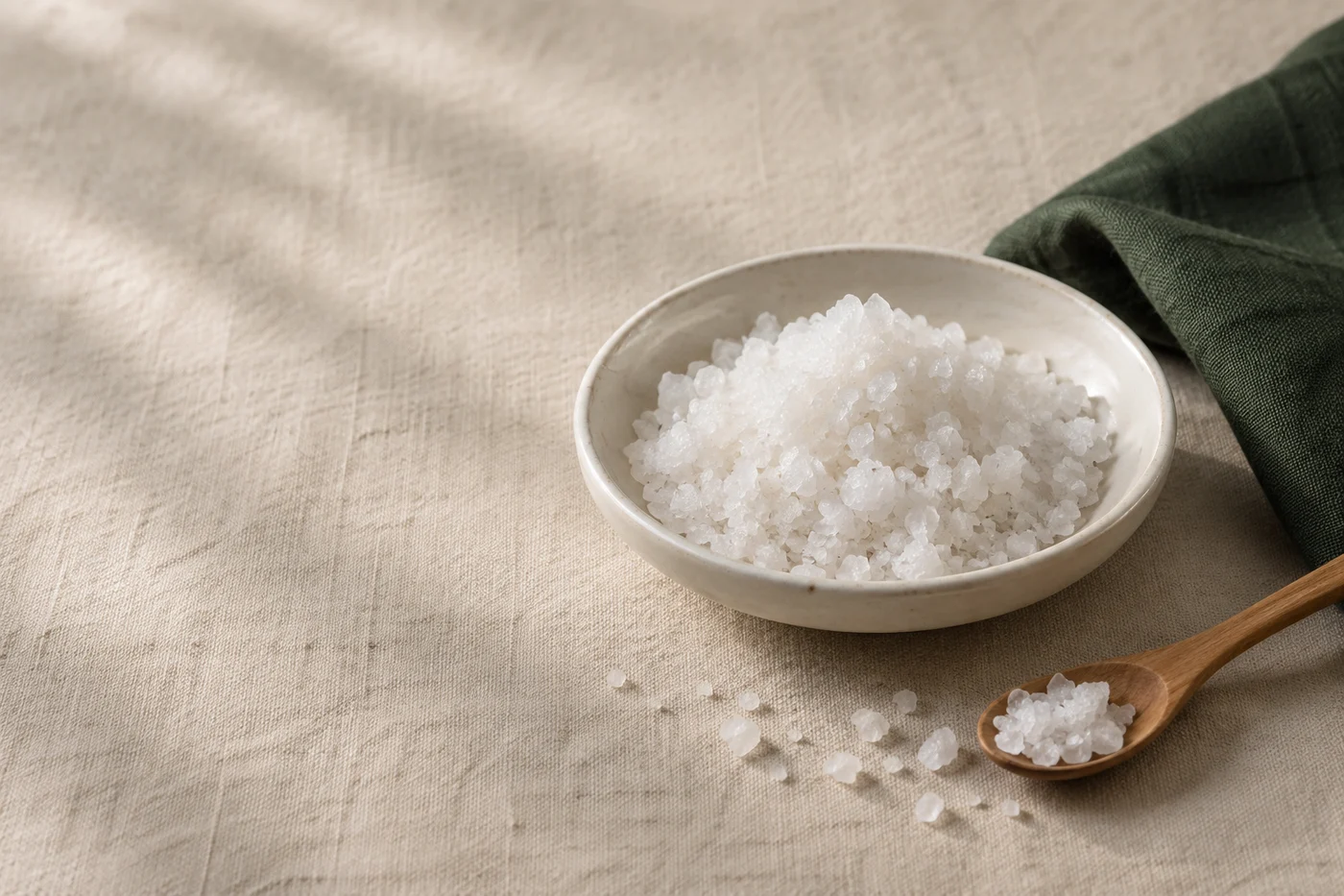 Illustration of coarse white sea salt in a Korean porcelain bowl