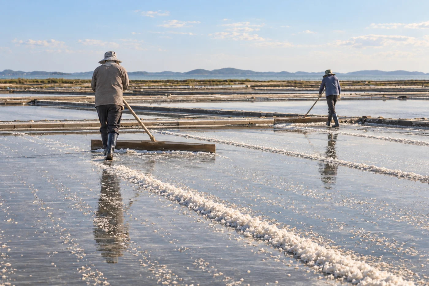 Illustration of people gathering salt in a salt pan